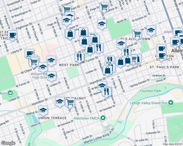 map of restaurants, bars, coffee shops, grocery stores, and more near 36 North Franklin Street in Allentown