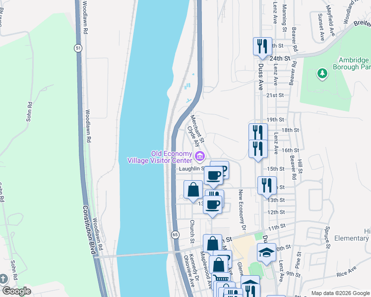 map of restaurants, bars, coffee shops, grocery stores, and more near 1612 Ohio River Boulevard in Ambridge
