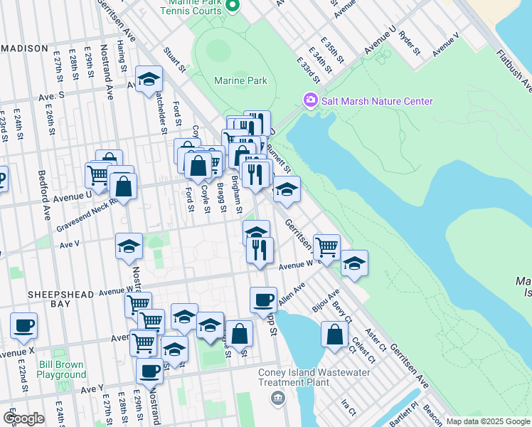 map of restaurants, bars, coffee shops, grocery stores, and more near 2209 Knapp Street in Brooklyn