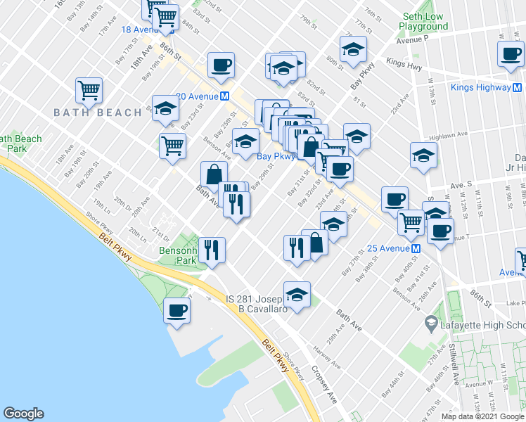 map of restaurants, bars, coffee shops, grocery stores, and more near 8721 Bay Parkway in Brooklyn