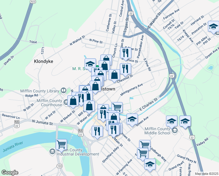 map of restaurants, bars, coffee shops, grocery stores, and more near 32 Chestnut Street in Lewistown