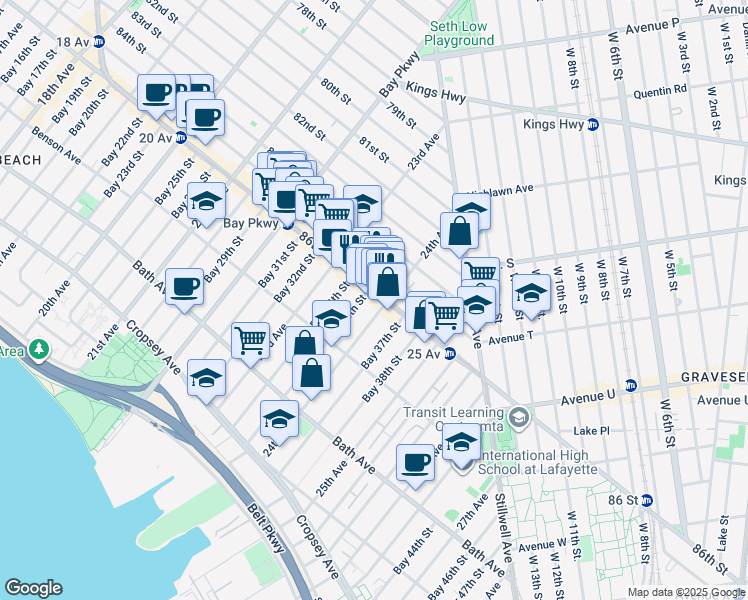 map of restaurants, bars, coffee shops, grocery stores, and more near 27 Bay 35th Street in Brooklyn