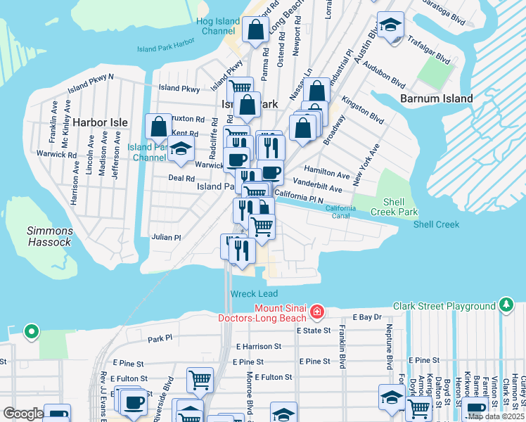 map of restaurants, bars, coffee shops, grocery stores, and more near 97 Baker Court in Island Park