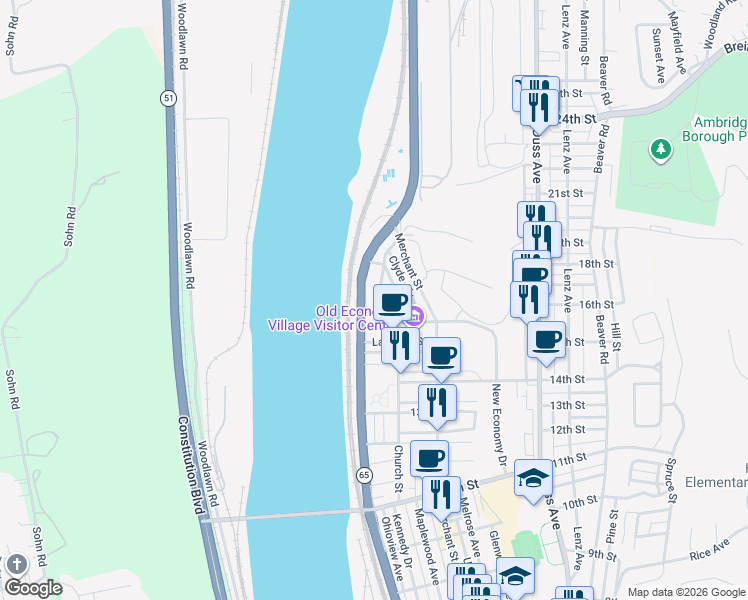 map of restaurants, bars, coffee shops, grocery stores, and more near 1612 Ohio River Boulevard in Ambridge