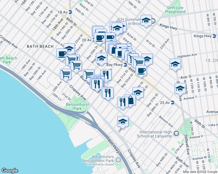 map of restaurants, bars, coffee shops, grocery stores, and more near 8721 Bay Parkway in Brooklyn