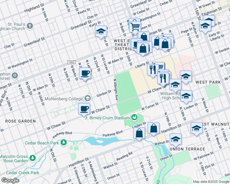 map of restaurants, bars, coffee shops, grocery stores, and more near 332 North Albright Avenue in Allentown