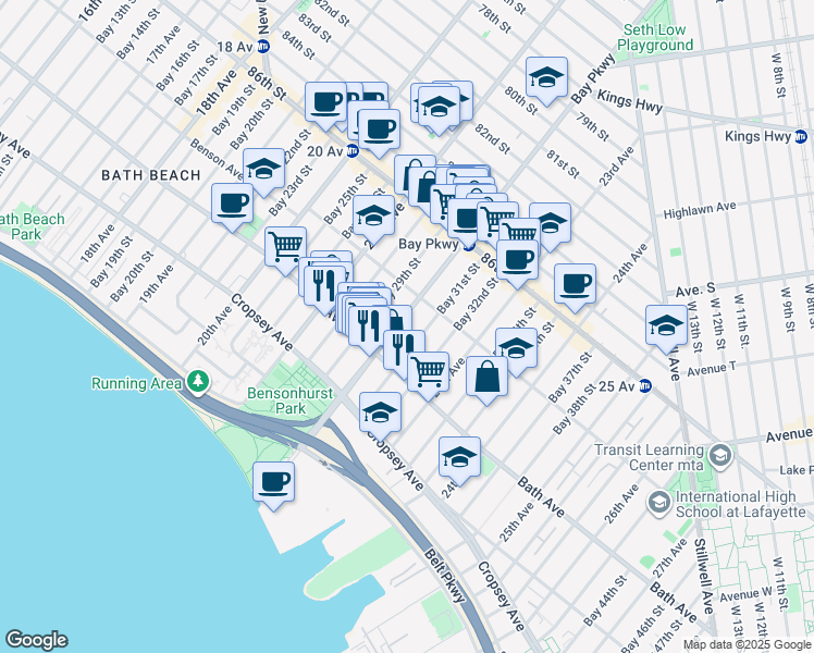 map of restaurants, bars, coffee shops, grocery stores, and more near 8735 Bay Parkway in Brooklyn