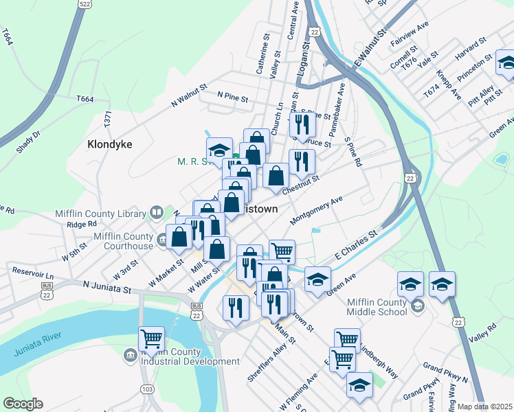map of restaurants, bars, coffee shops, grocery stores, and more near 22 Chestnut Street in Lewistown