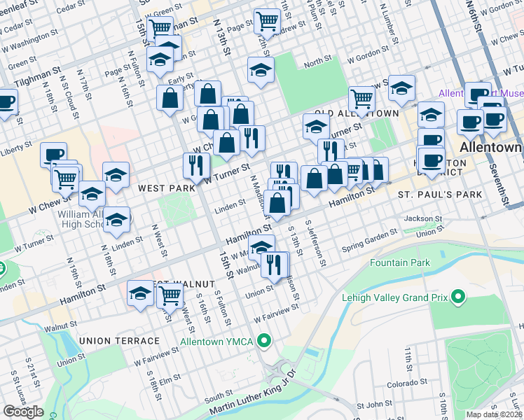 map of restaurants, bars, coffee shops, grocery stores, and more near in Allentown