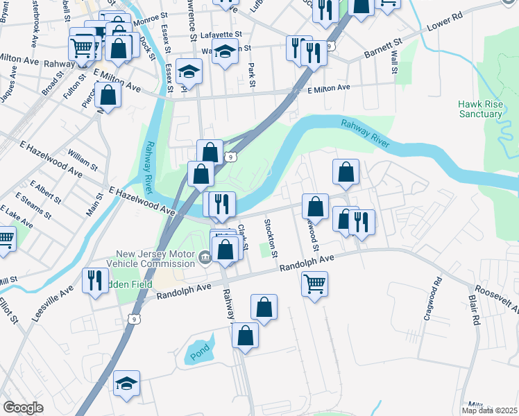 map of restaurants, bars, coffee shops, grocery stores, and more near 847 East Hazelwood Avenue in Rahway