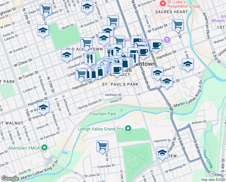 map of restaurants, bars, coffee shops, grocery stores, and more near 927 Jackson Street in Allentown