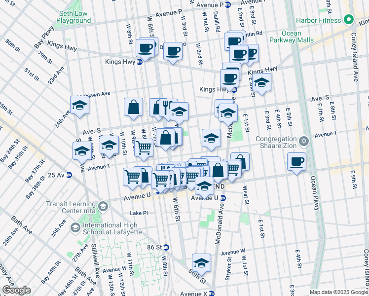 map of restaurants, bars, coffee shops, grocery stores, and more near 1988 West 5th Street in Brooklyn