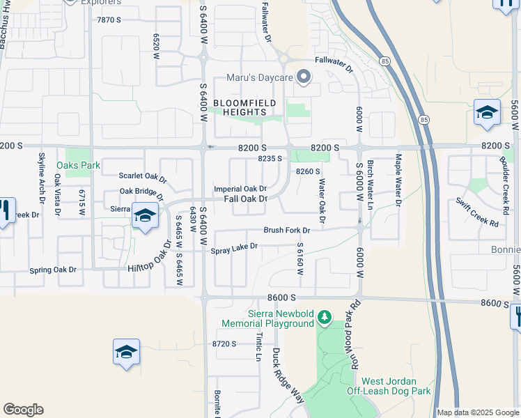 map of restaurants, bars, coffee shops, grocery stores, and more near 8368 Oak Gate Drive in West Jordan