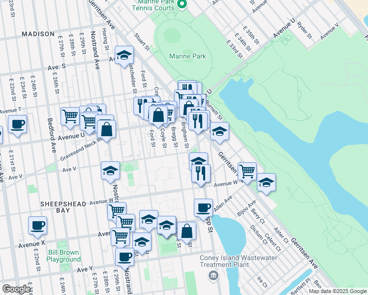 map of restaurants, bars, coffee shops, grocery stores, and more near 2190 Brigham Street in Brooklyn