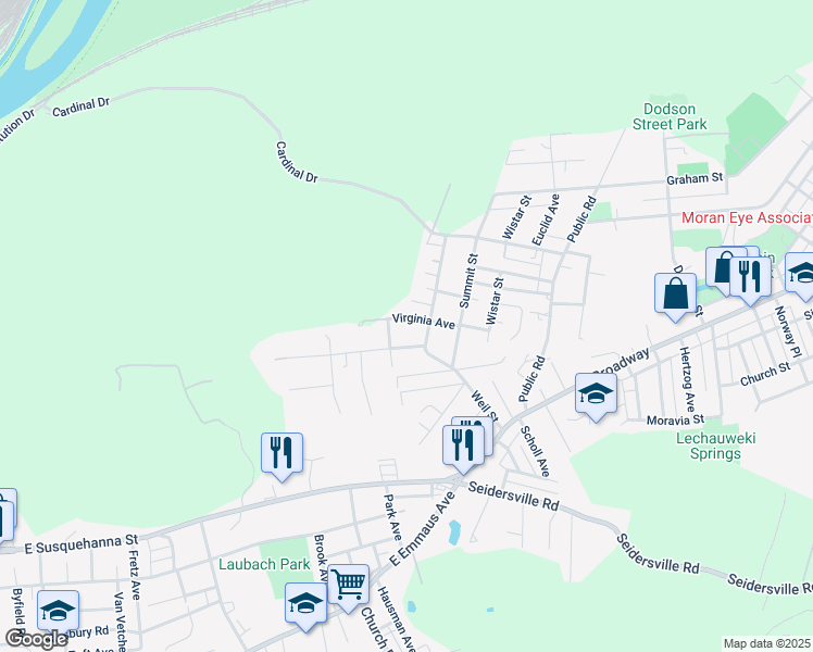 map of restaurants, bars, coffee shops, grocery stores, and more near 1764 Virginia Avenue in Bethlehem