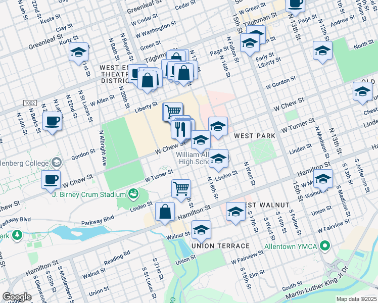 map of restaurants, bars, coffee shops, grocery stores, and more near 227 North Saint George Street in Allentown