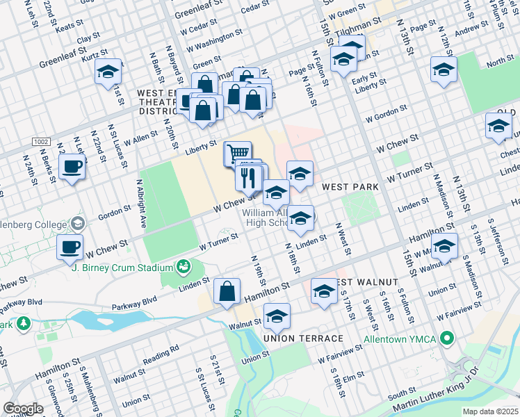 map of restaurants, bars, coffee shops, grocery stores, and more near 227 North Saint George Street in Allentown