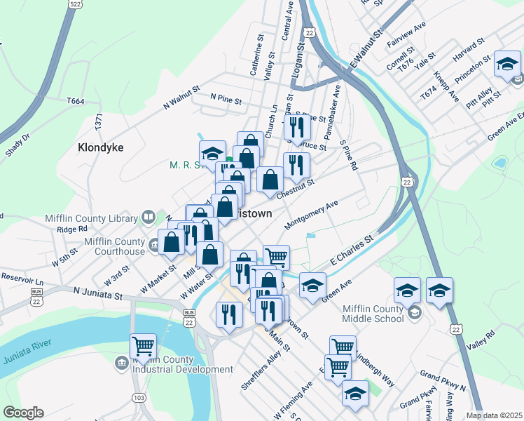 map of restaurants, bars, coffee shops, grocery stores, and more near 36 Chestnut Street in Lewistown
