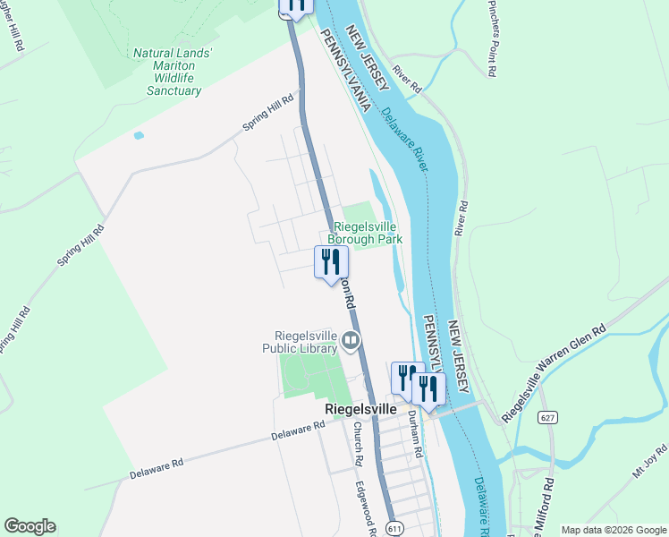 map of restaurants, bars, coffee shops, grocery stores, and more near 519 Easton Road in Riegelsville