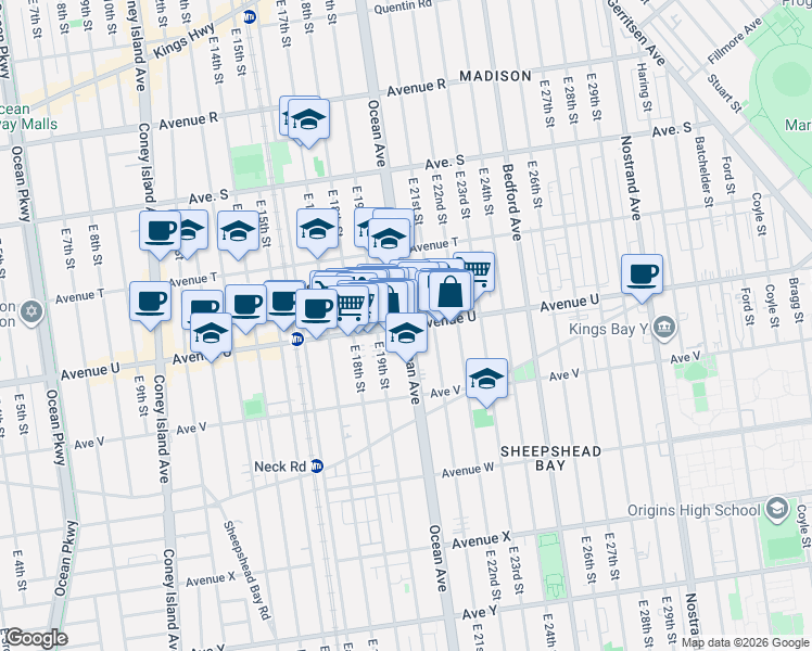 map of restaurants, bars, coffee shops, grocery stores, and more near 2546 Ocean Avenue in Brooklyn