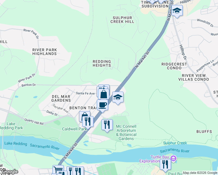 map of restaurants, bars, coffee shops, grocery stores, and more near 1465 Benton Drive in Redding