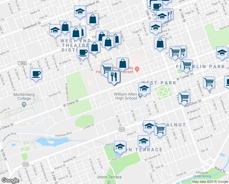 map of restaurants, bars, coffee shops, grocery stores, and more near 238 N St George St in Allentown
