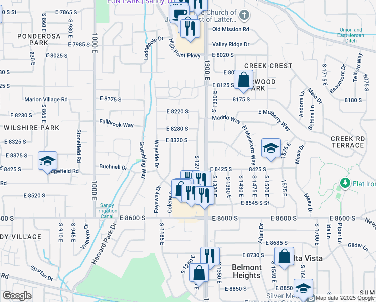 map of restaurants, bars, coffee shops, grocery stores, and more near 8381 Colene Drive in Sandy