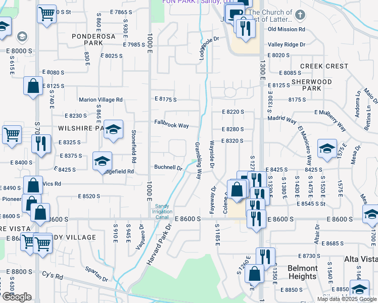 map of restaurants, bars, coffee shops, grocery stores, and more near 8377 1090 East in Sandy