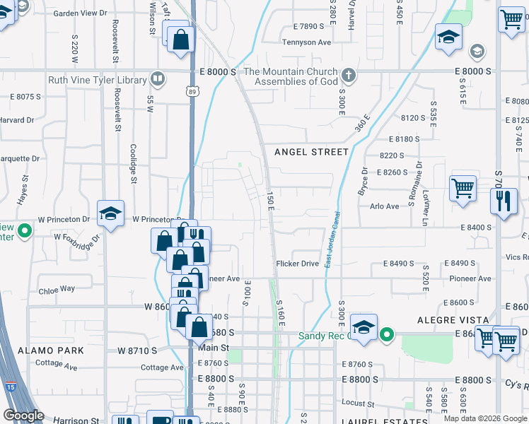 map of restaurants, bars, coffee shops, grocery stores, and more near 8300 150 East in Sandy