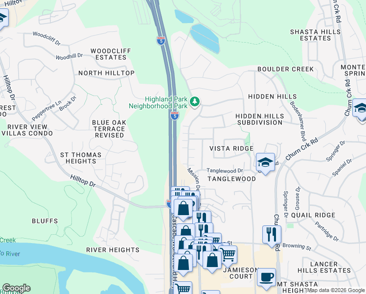 map of restaurants, bars, coffee shops, grocery stores, and more near 674 Mission De Oro Drive in Redding