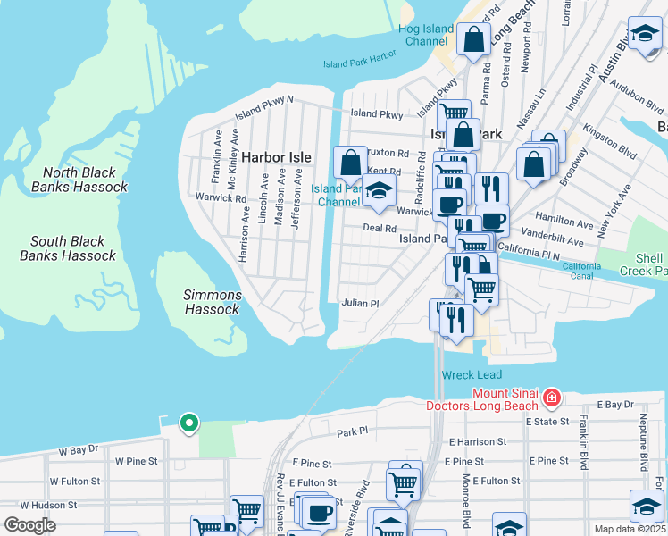 map of restaurants, bars, coffee shops, grocery stores, and more near 24 Suffolk Road in Island Park