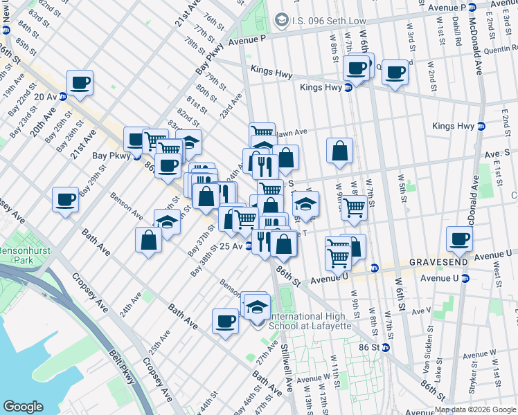 map of restaurants, bars, coffee shops, grocery stores, and more near 1985 Stillwell Avenue in Brooklyn