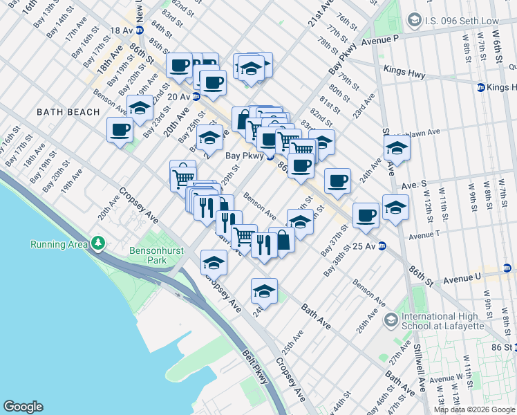 map of restaurants, bars, coffee shops, grocery stores, and more near 114 Bay 32nd Street in Brooklyn