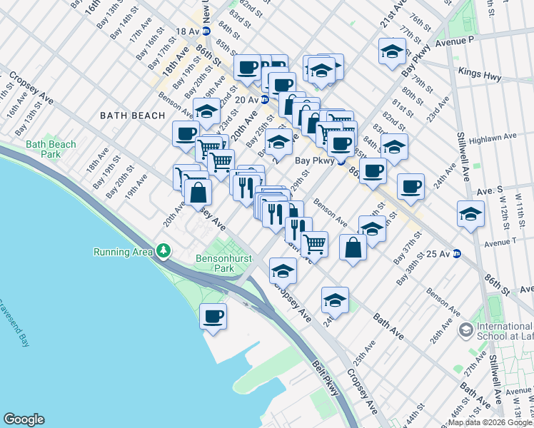 map of restaurants, bars, coffee shops, grocery stores, and more near 2149 Bath Avenue in Brooklyn
