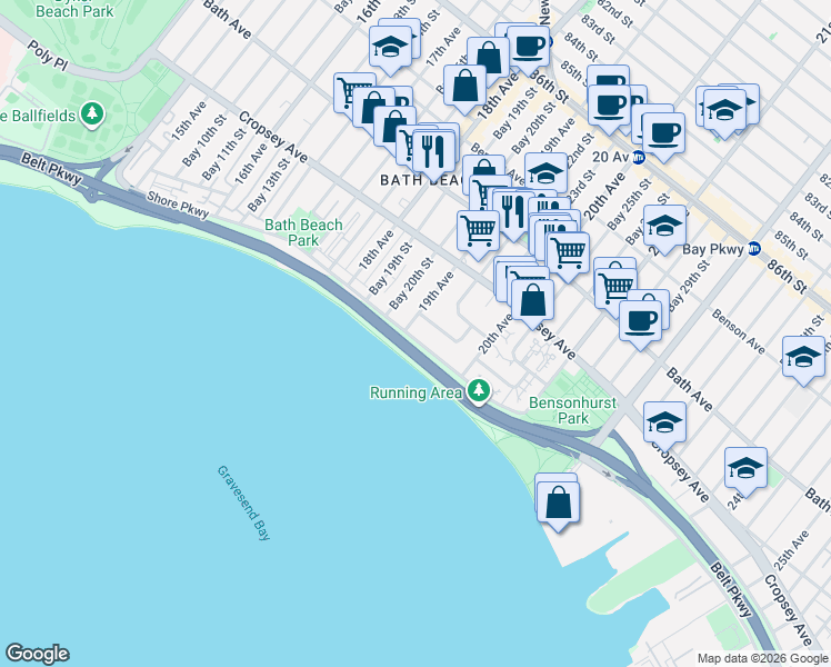 map of restaurants, bars, coffee shops, grocery stores, and more near 1391 Shore Parkway in Brooklyn