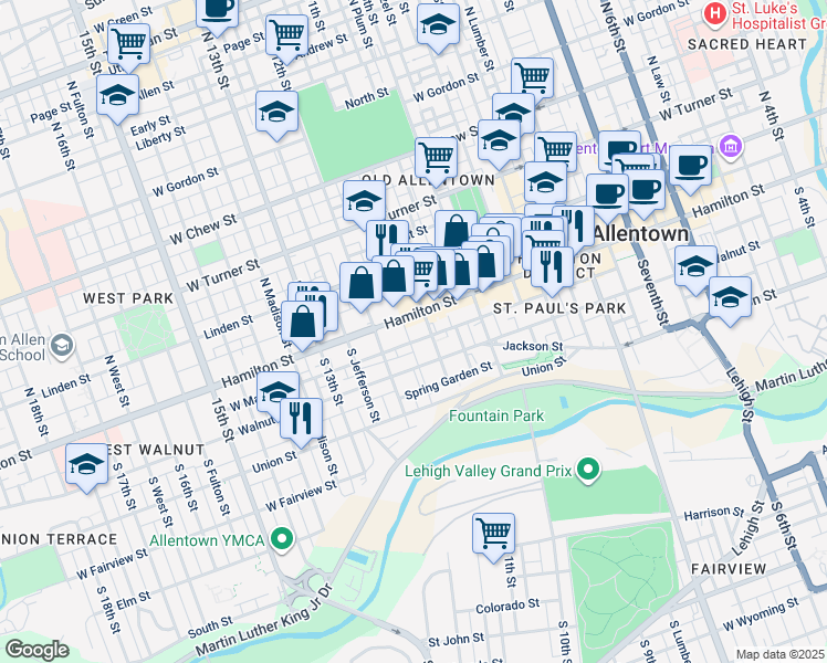 map of restaurants, bars, coffee shops, grocery stores, and more near 1116 West Maple Street in Allentown