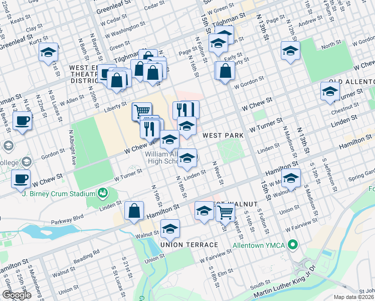 map of restaurants, bars, coffee shops, grocery stores, and more near 1740 West Turner Street in Allentown
