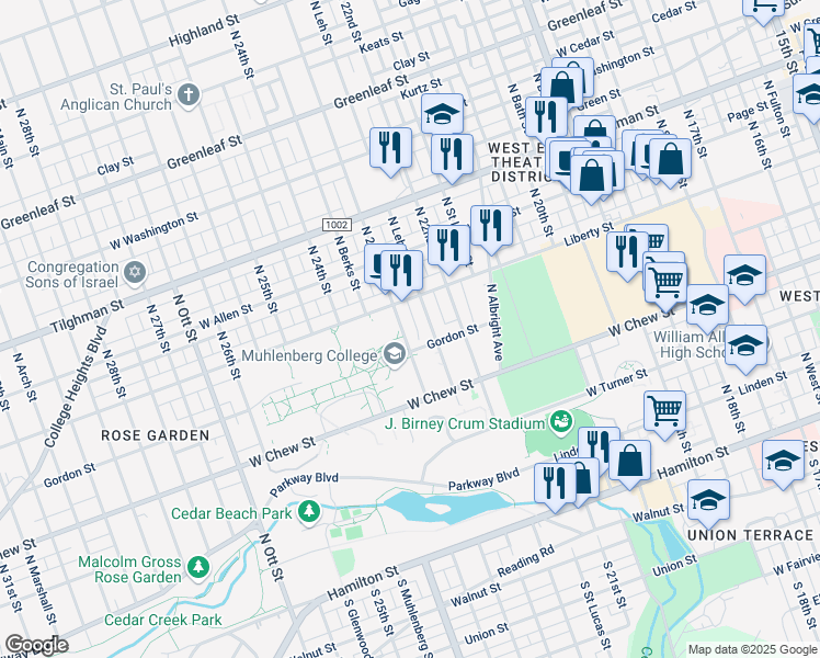 map of restaurants, bars, coffee shops, grocery stores, and more near 2235 Gordon Street in Allentown