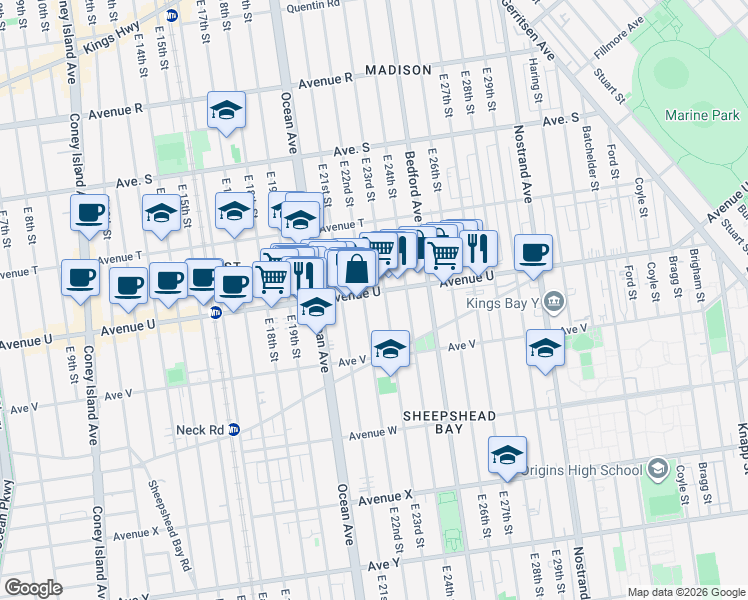 map of restaurants, bars, coffee shops, grocery stores, and more near 2128 East 23rd Street in Brooklyn