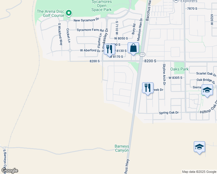 map of restaurants, bars, coffee shops, grocery stores, and more near 8339 Allison Bend Drive in West Jordan