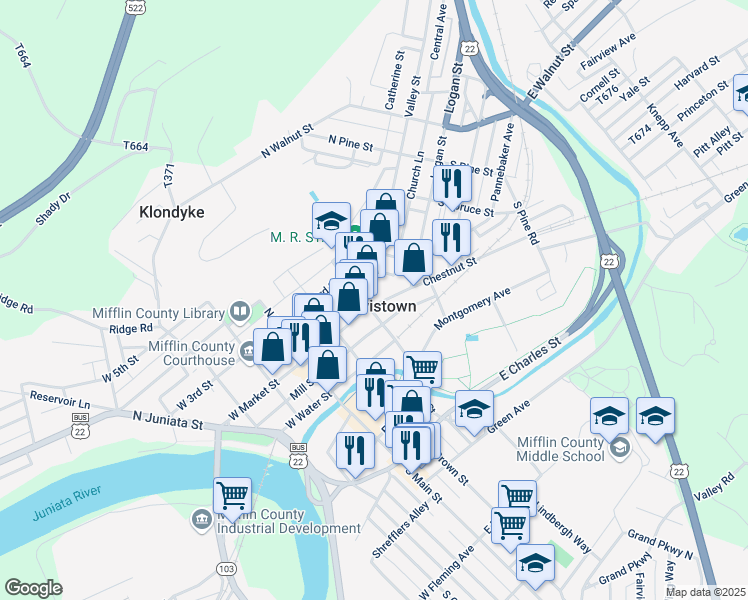 map of restaurants, bars, coffee shops, grocery stores, and more near 17 Chestnut Street in Lewistown