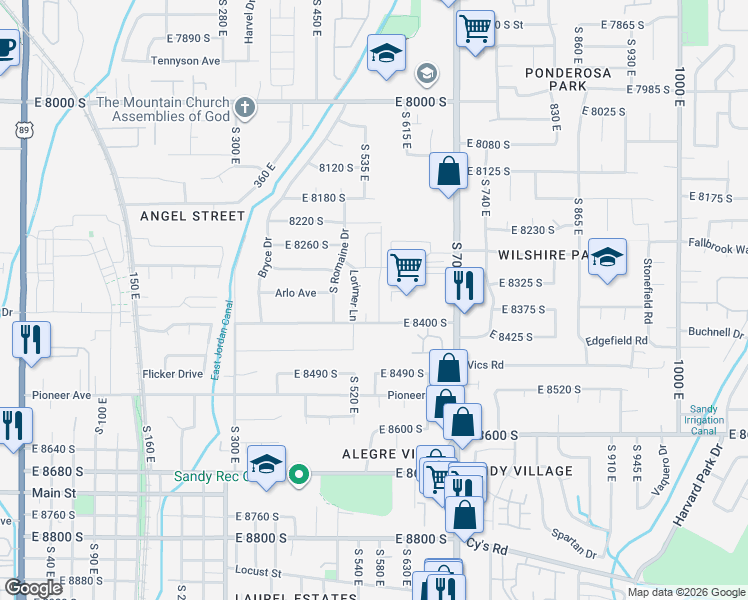map of restaurants, bars, coffee shops, grocery stores, and more near 8366 Levine Lane in Sandy
