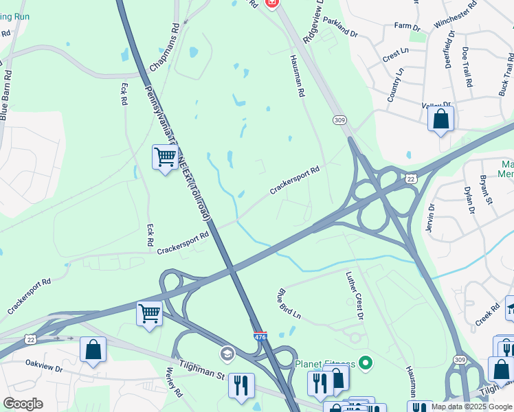 map of restaurants, bars, coffee shops, grocery stores, and more near 4828 Crackersport Road in Allentown