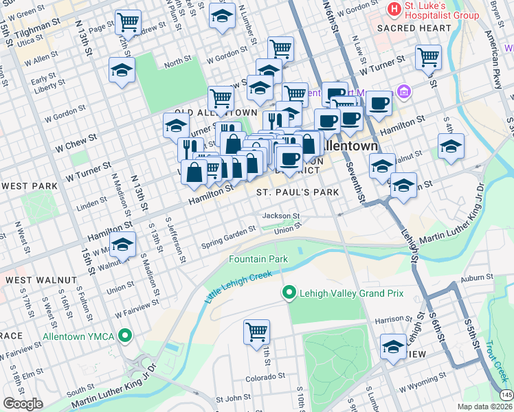 map of restaurants, bars, coffee shops, grocery stores, and more near 968 Jackson Street in Allentown