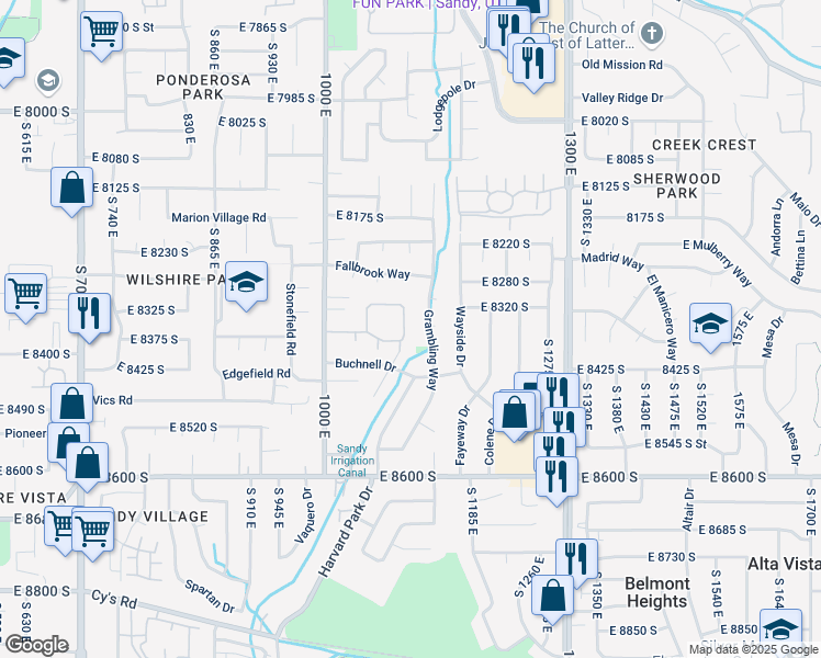 map of restaurants, bars, coffee shops, grocery stores, and more near 8377 1090 East in Sandy