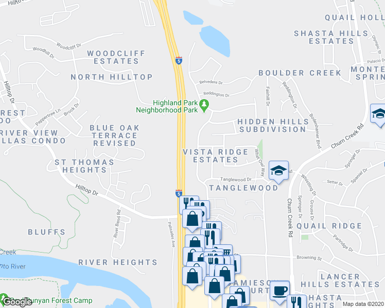 map of restaurants, bars, coffee shops, grocery stores, and more near 660 Mission De Oro Drive in Redding