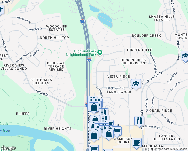 map of restaurants, bars, coffee shops, grocery stores, and more near 674 Mission De Oro Drive in Redding