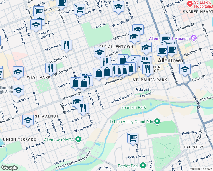 map of restaurants, bars, coffee shops, grocery stores, and more near 1136 Hamilton Street in Allentown