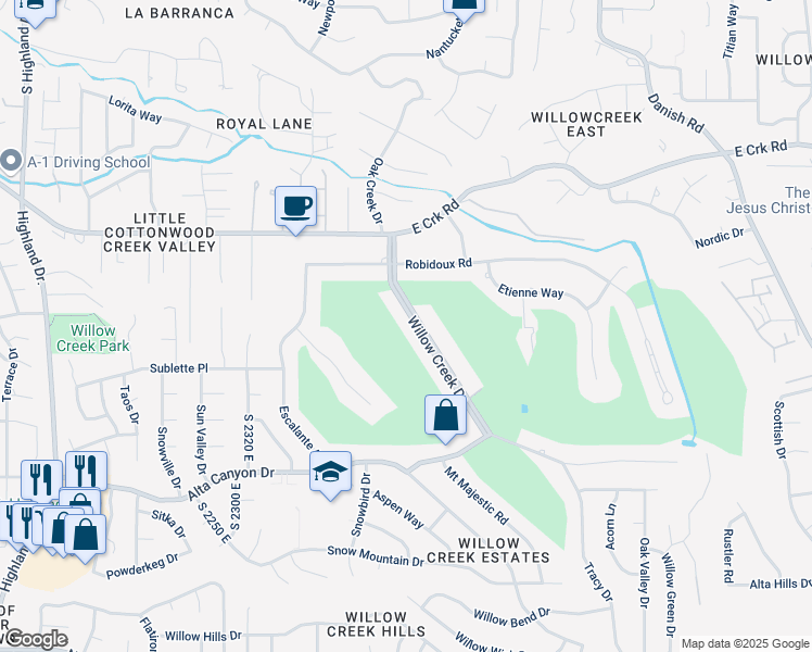 map of restaurants, bars, coffee shops, grocery stores, and more near 8370 Willow Creek Drive in Sandy