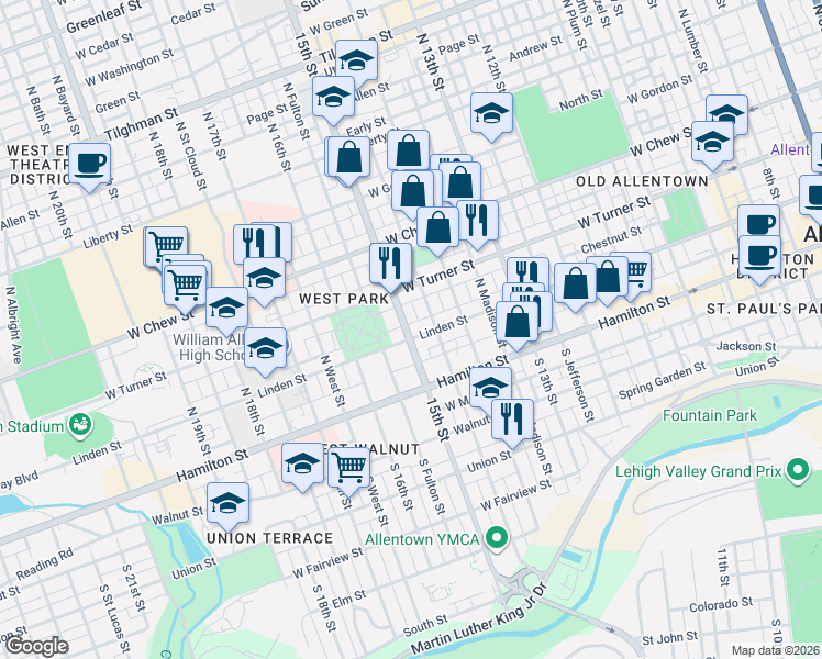 map of restaurants, bars, coffee shops, grocery stores, and more near 44 North 15th Street in Allentown